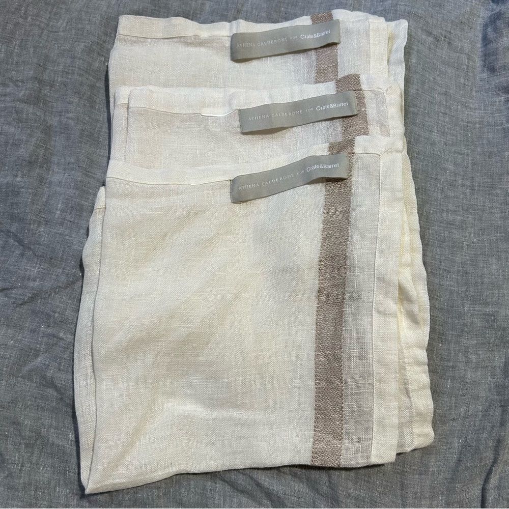 Crate&Barrel Athena Calderone Linen Square Napkins Set of 3 Coastal Beach